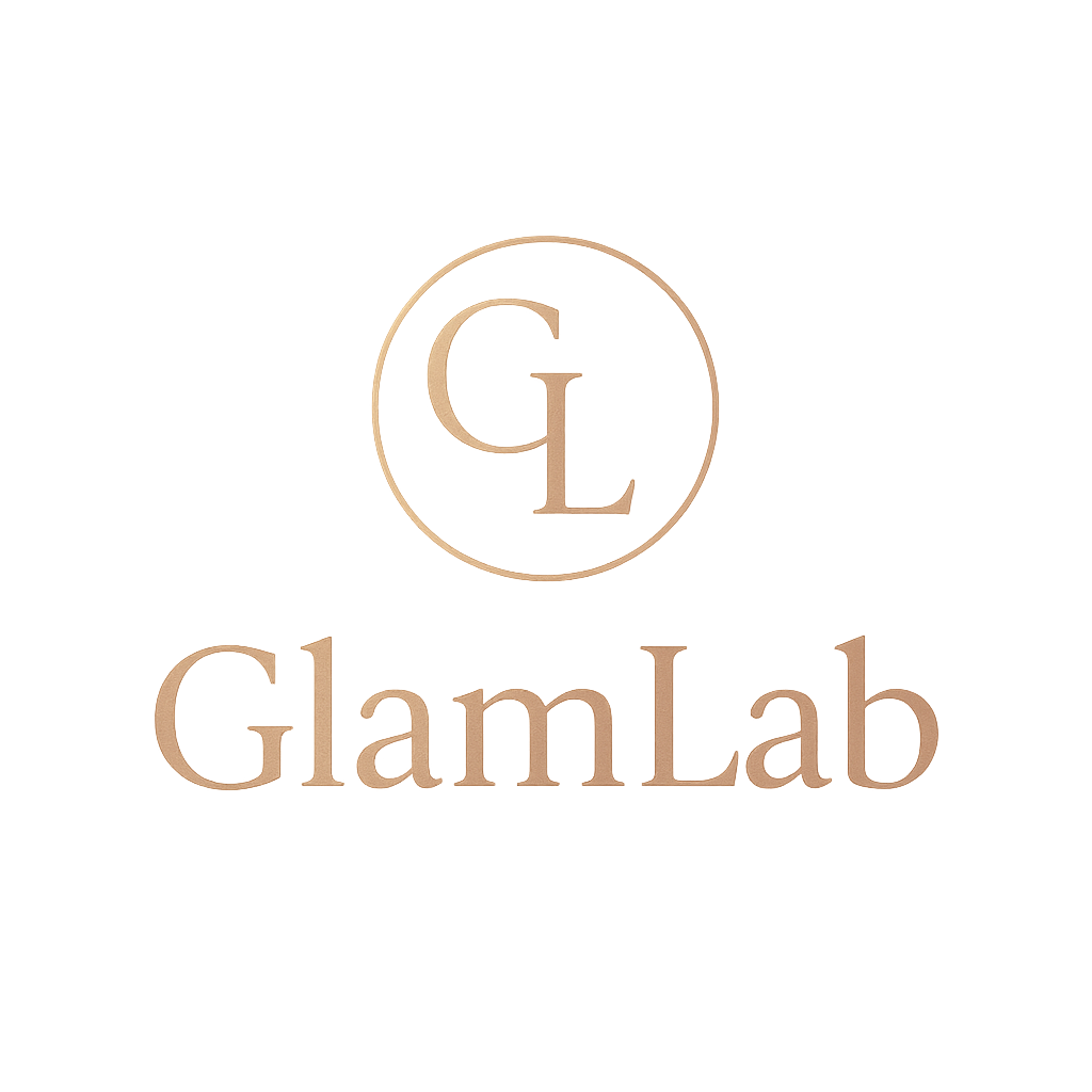 GlamLab logo with rose-gold “GL” monogram inside a circle above the GlamLab wordmark on a blush background